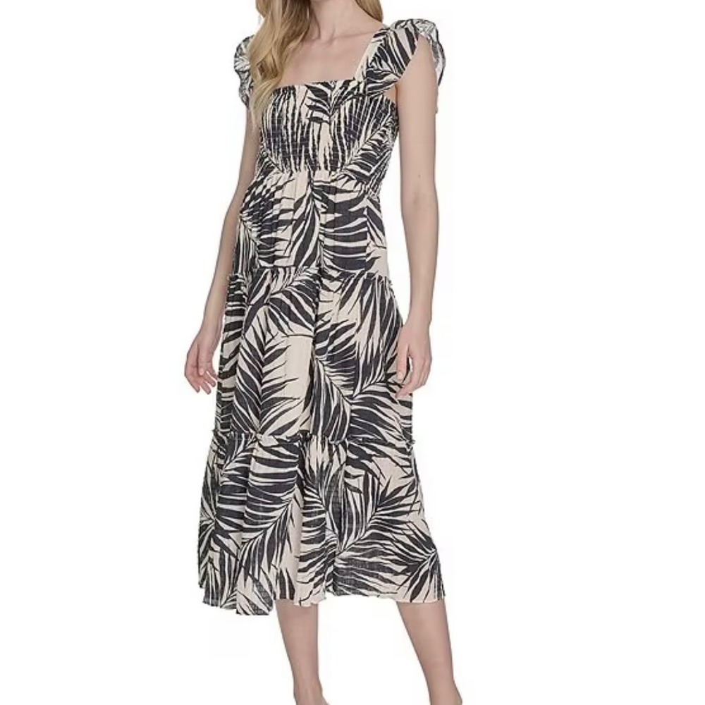Vince Camuto Smocked Palm Print Midi Dress Black Ivory Ruffle Sleeve Medium